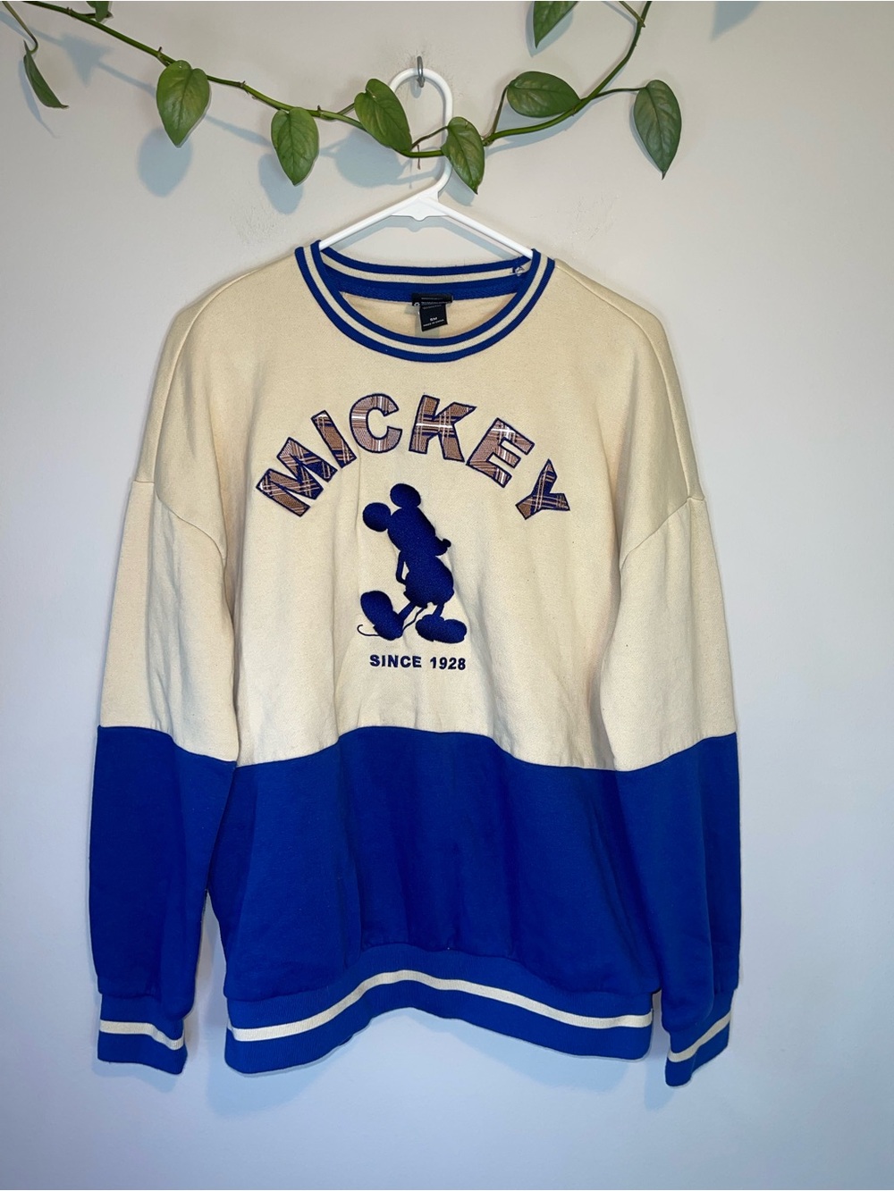 Disney Cream and Blue Mickey Colorblock Crewneck Sweater